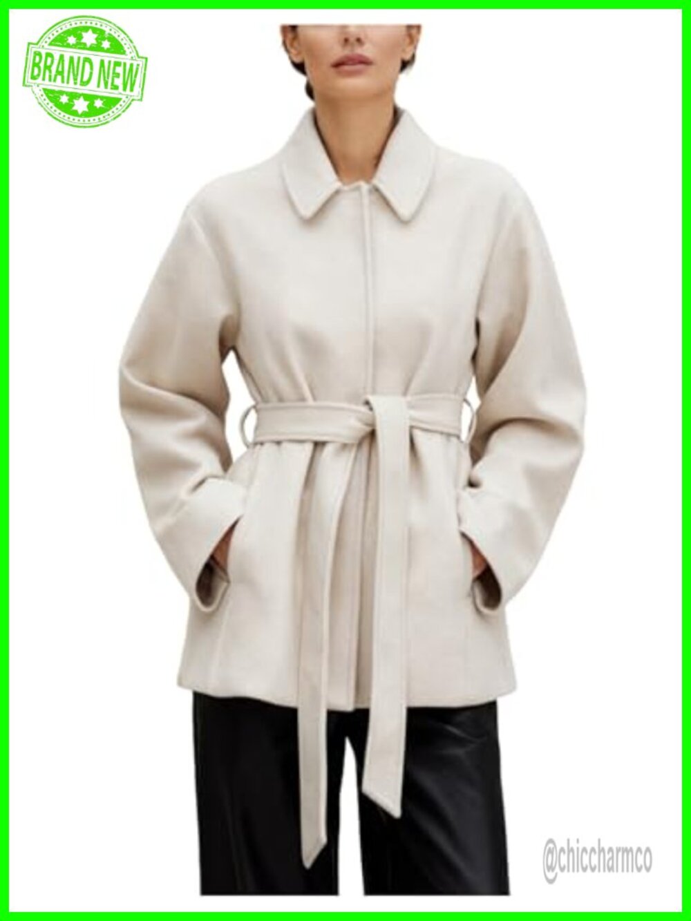 Wool Blend Short Trench Coat Belted Collared Button Front